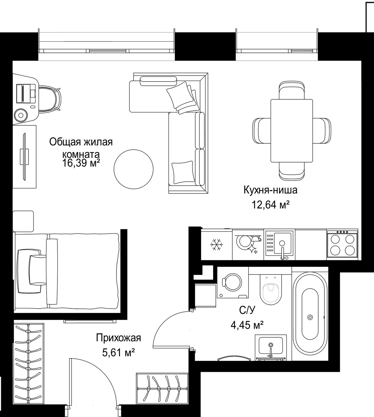 1-комнатная квартира, 39,1 м²