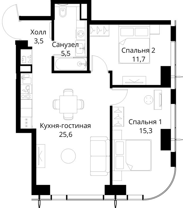 2-комнатная квартира, 61,6 м² — фото 1