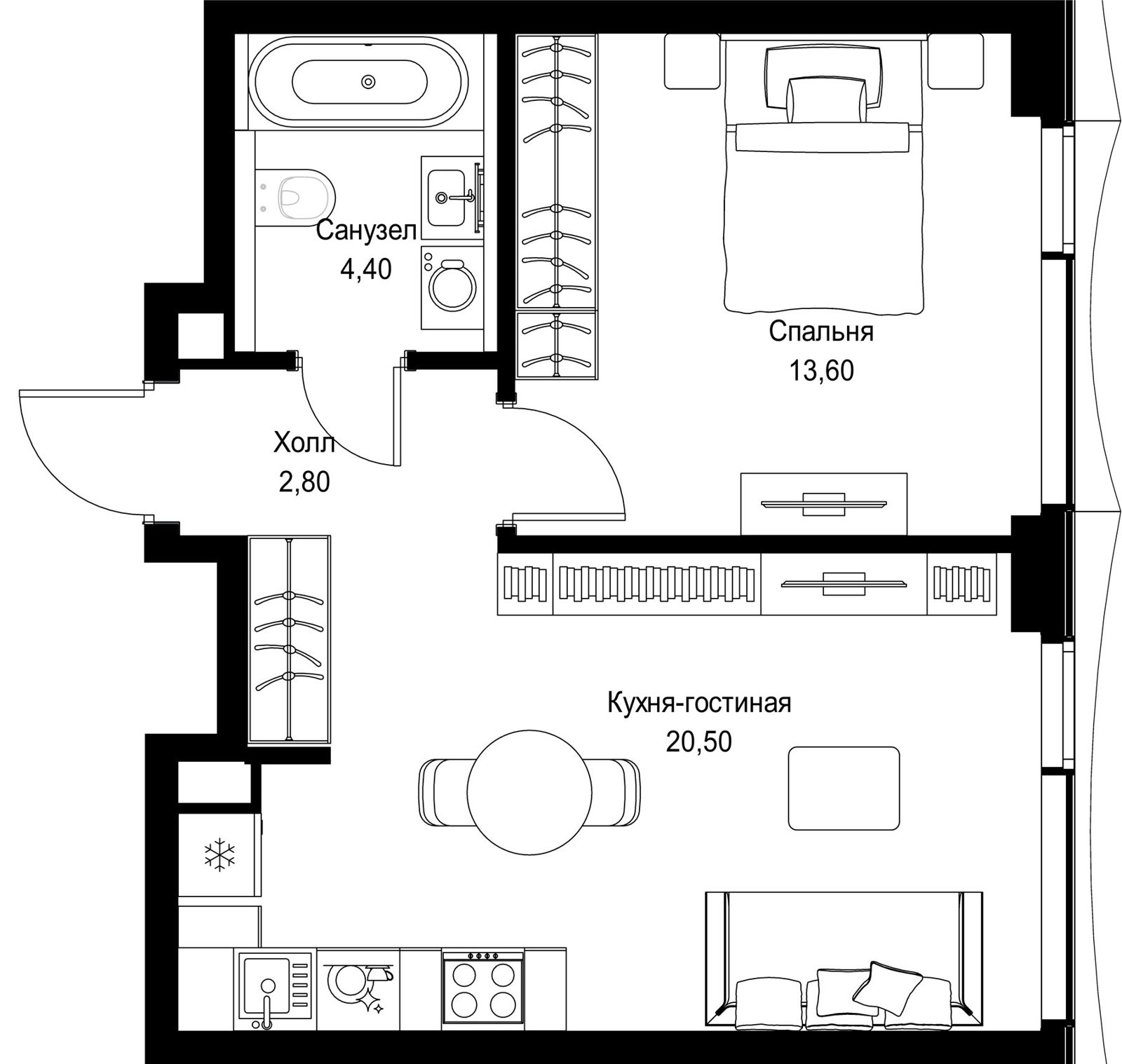 1-комнатная квартира, 41,3 м²