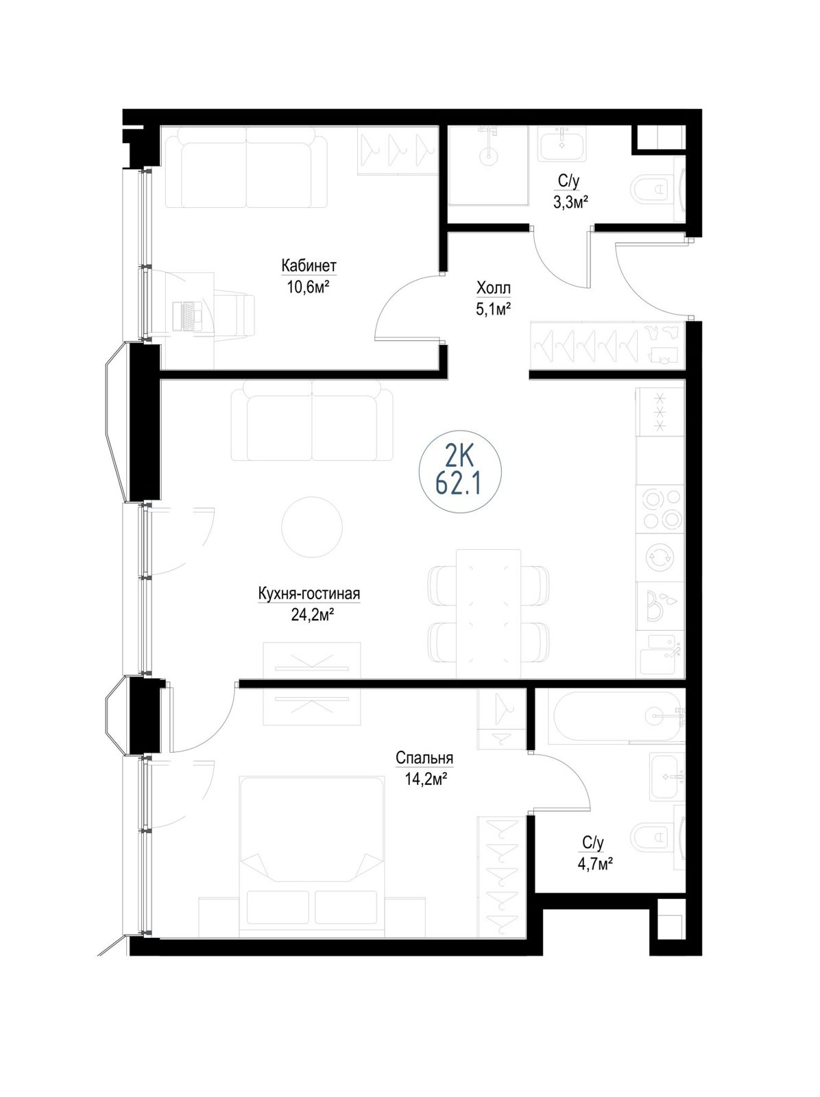 2-комнатная квартира, 61,3 м²