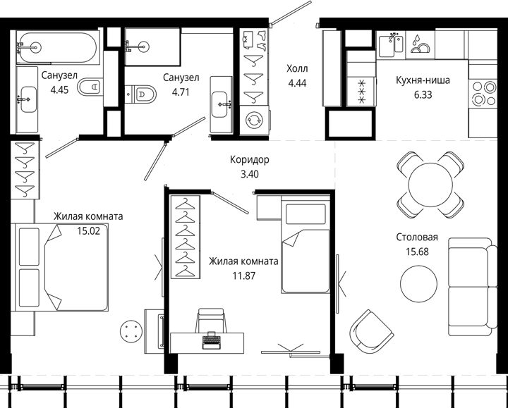 2-комнатная квартира, 66,8 м²