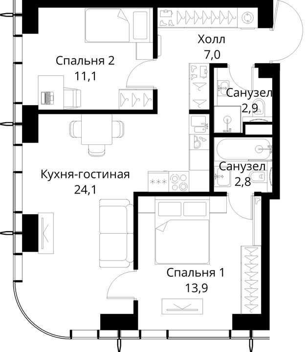 2-комнатная квартира, 61,8 м² — фото 1