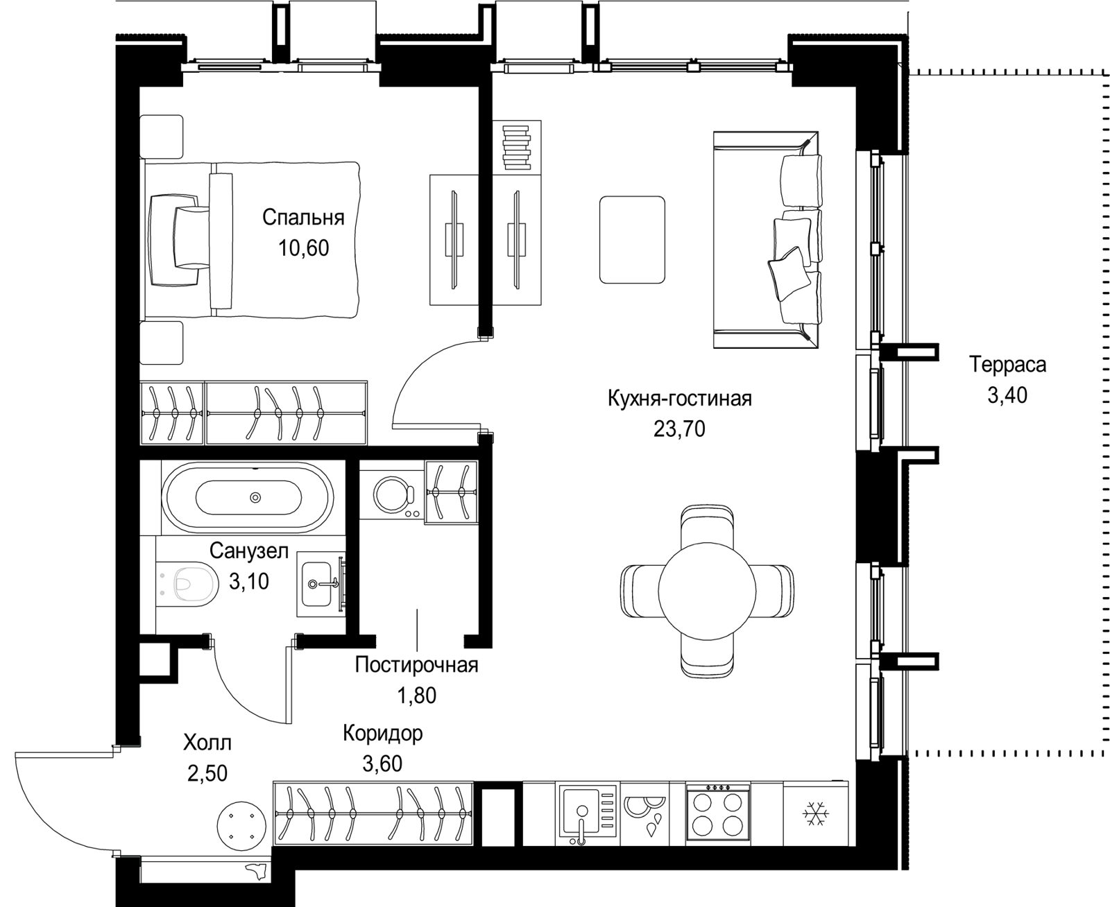 1-комнатная квартира, 48,7 м²