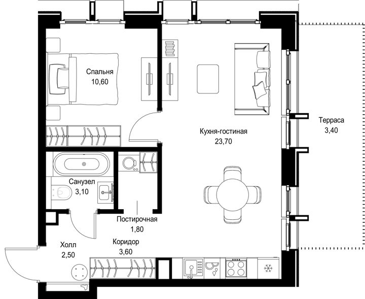 1-комнатная квартира, 48,7 м² — фото 1