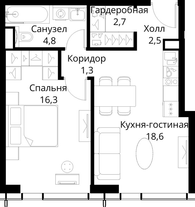 1-комнатная квартира, 46,2 м² — фото 1