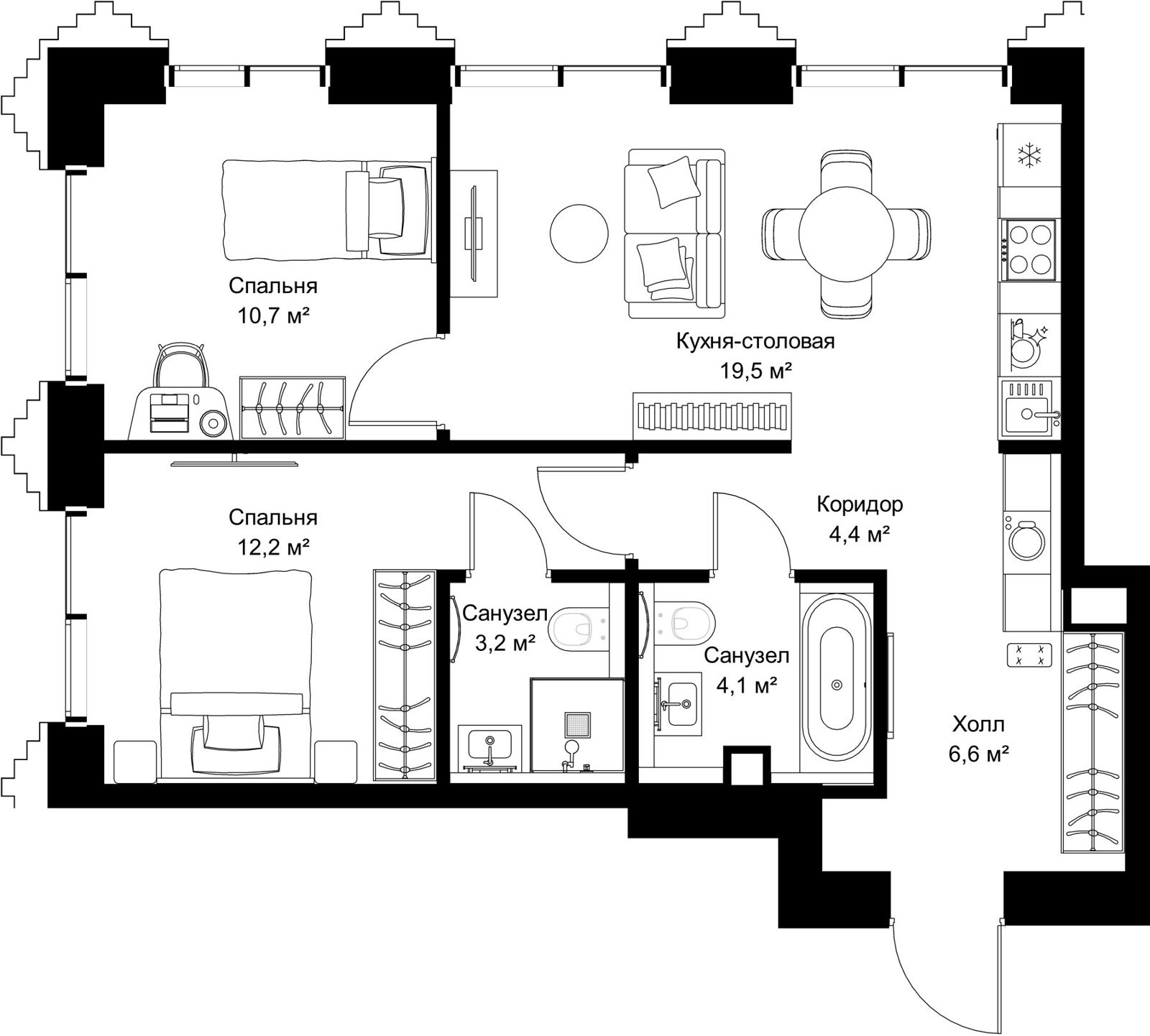 2-комнатная квартира, 60,7 м²