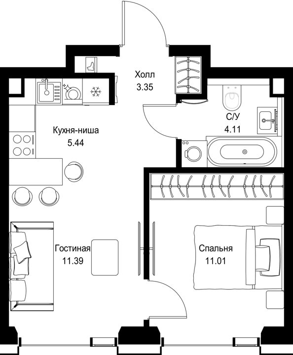 1-комнатная квартира, 35,3 м²