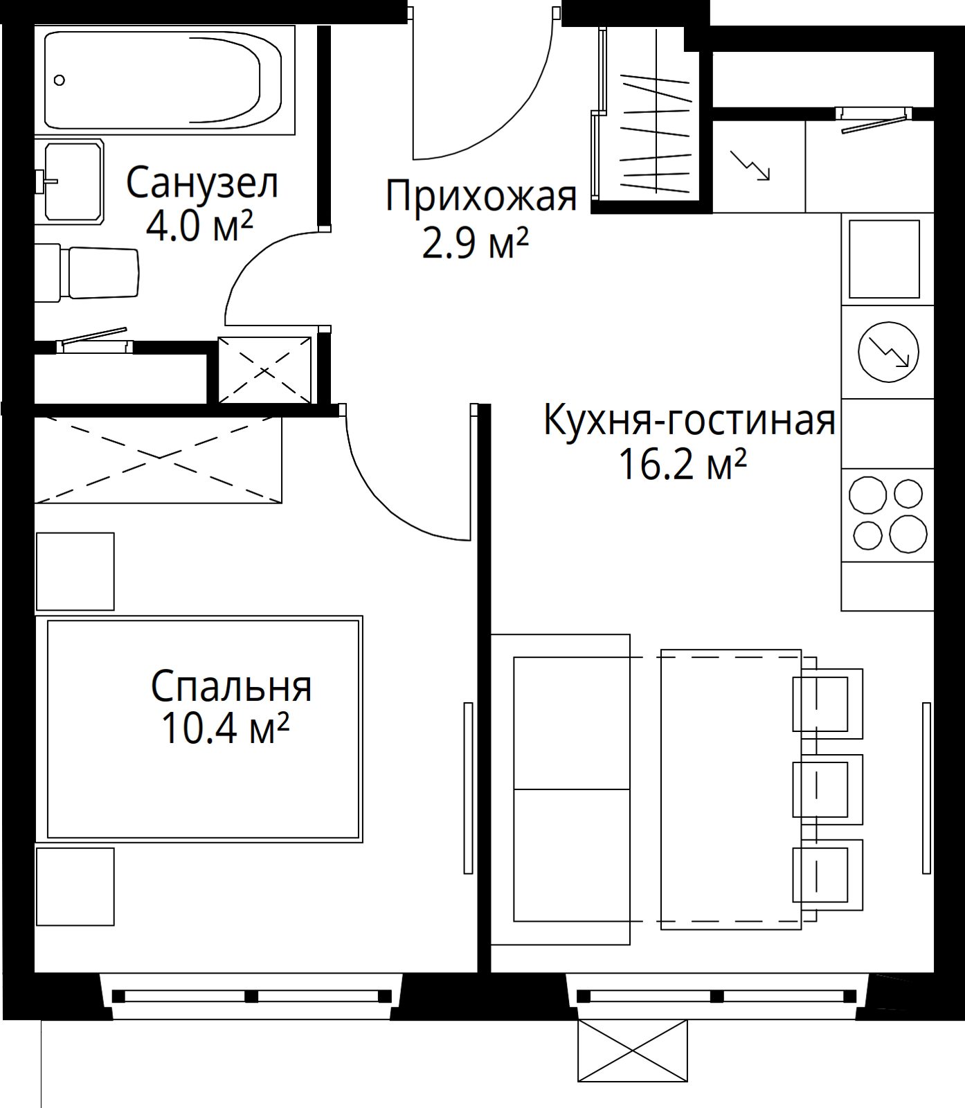 1-комнатная квартира, 33,5 м²
