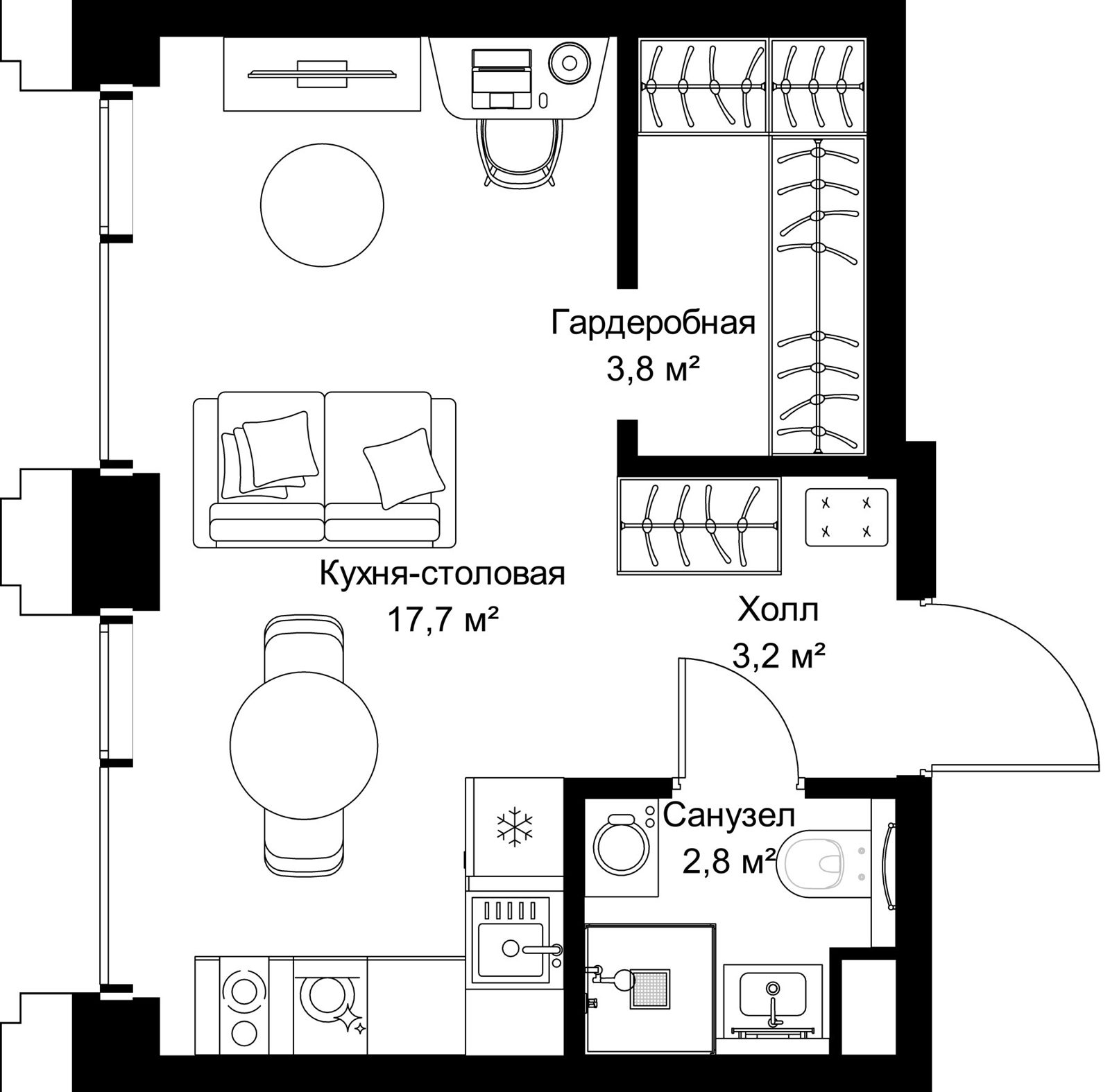 Квартира-студия, 27,5 м²