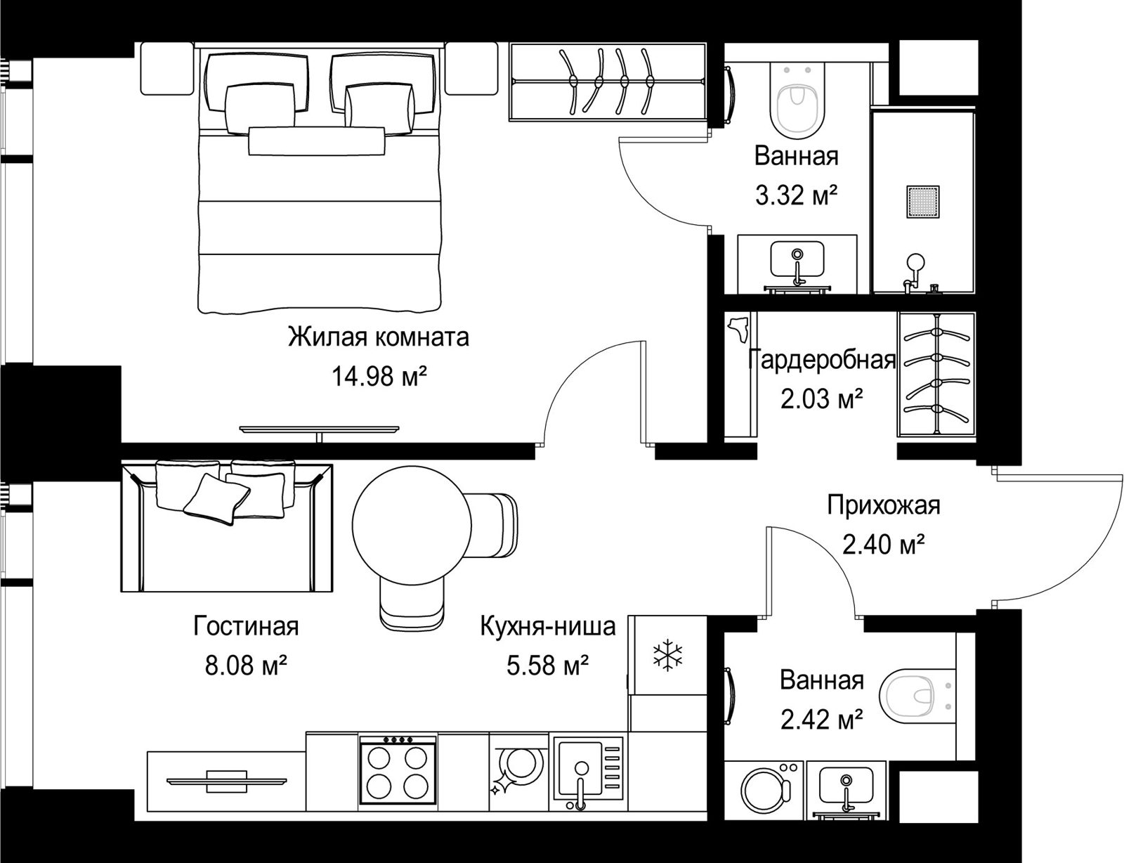 1-комнатная квартира, 38,8 м²