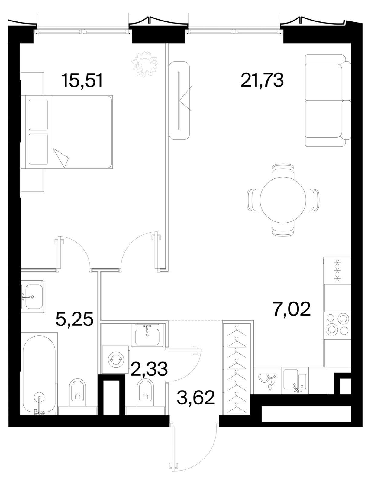 1-комнатная квартира, 55,5 м²