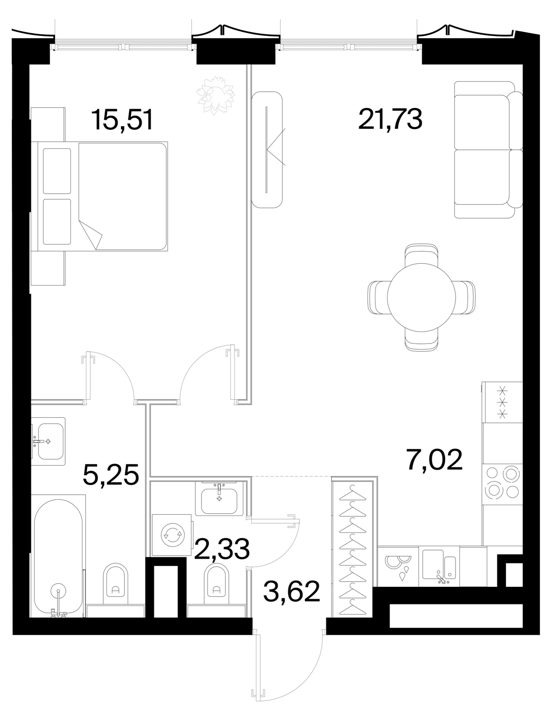 1-комнатная квартира, 55,5 м²