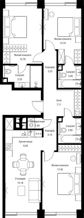 3-комнатная квартира, 96 м² — фото 1