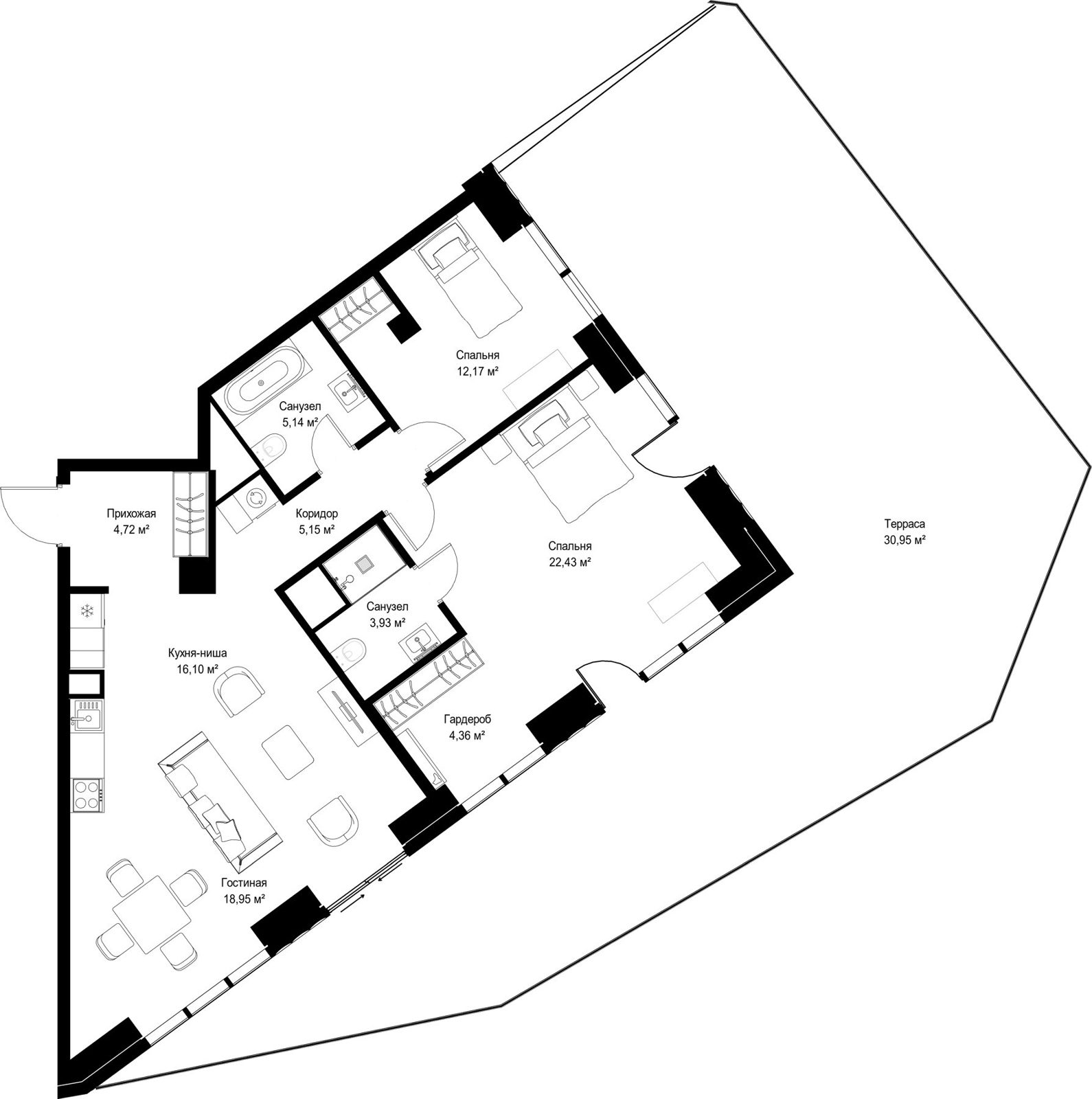 2-комнатная квартира, 123,9 м²