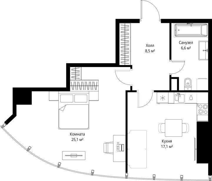 1-комнатная квартира, 57,3 м²
