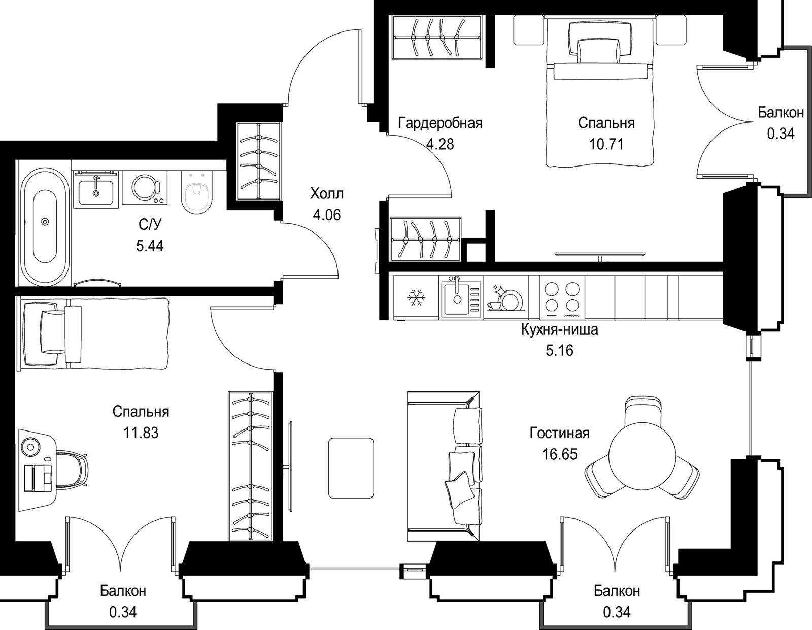 2-комнатная квартира, 59,1 м²