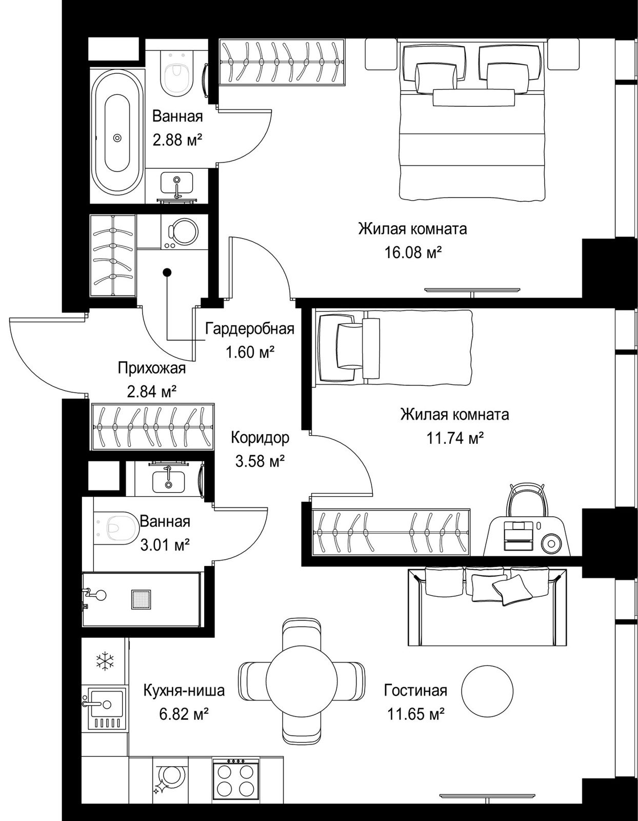2-комнатная квартира, 60,2 м²