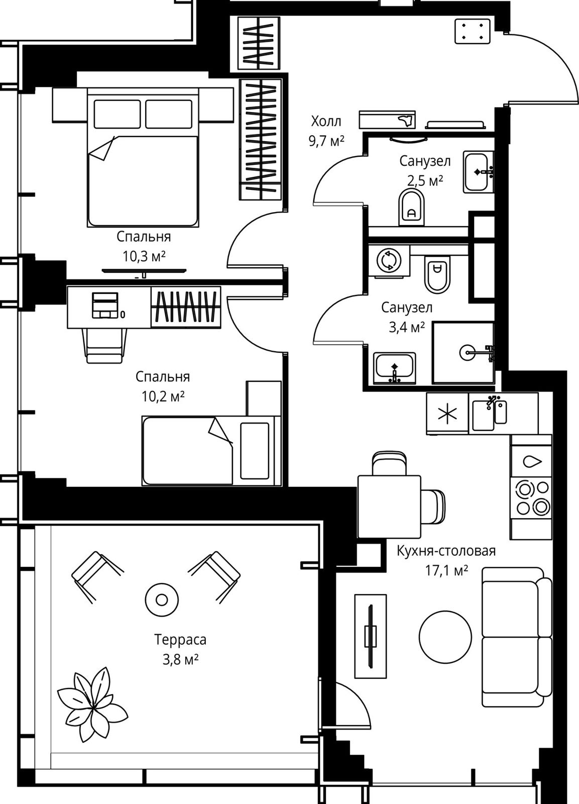 2-комнатная квартира, 57 м²