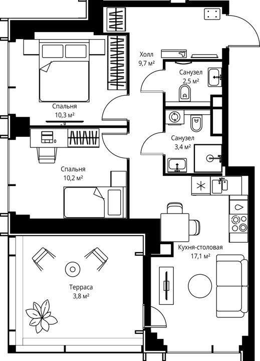 2-комнатная квартира, 57 м²