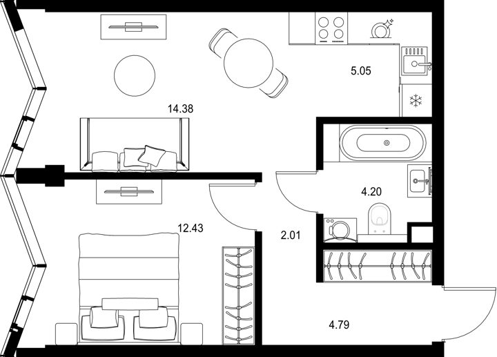 1-комнатная квартира, 42,9 м²