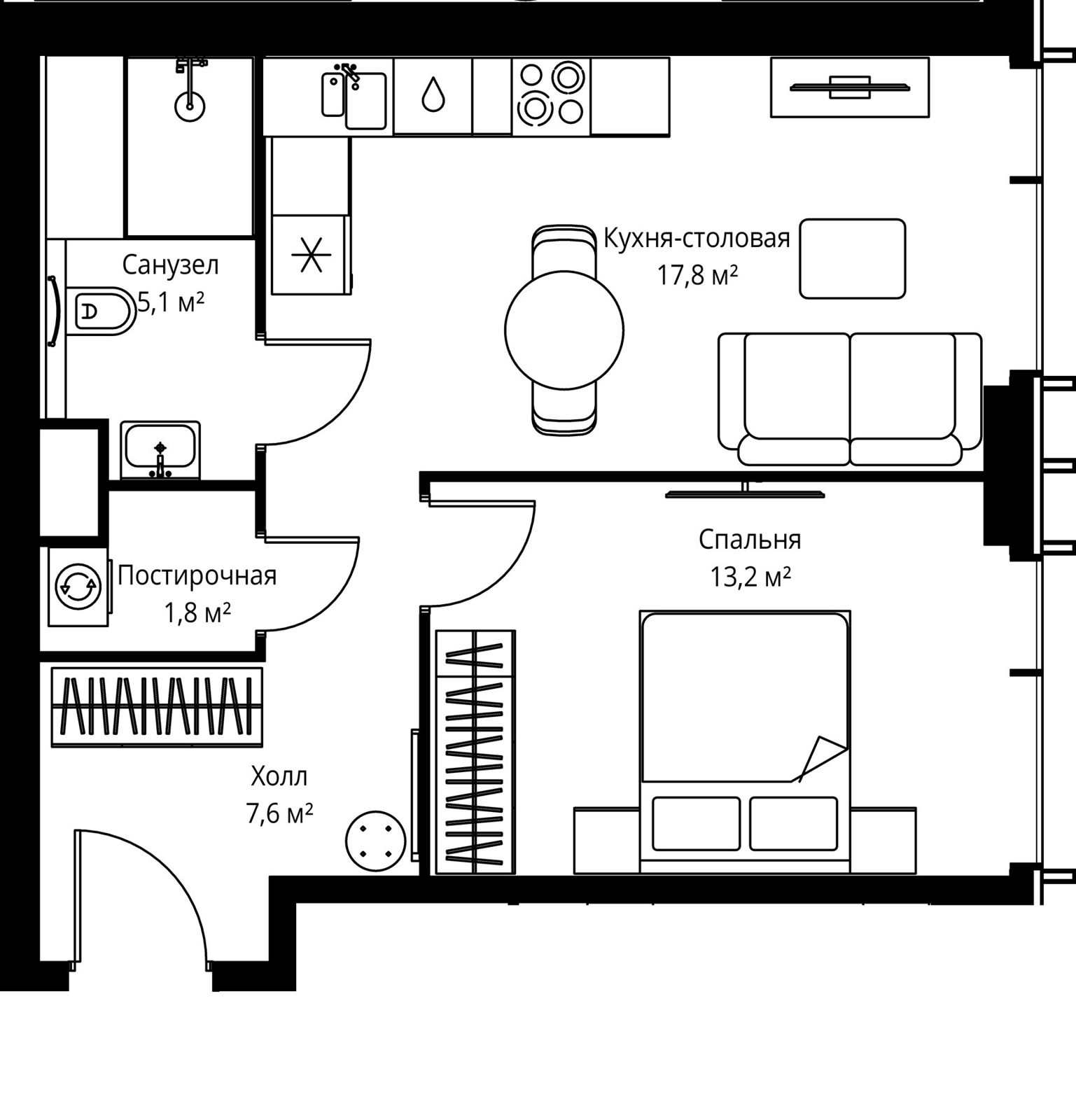 1-комнатная квартира, 45,5 м²