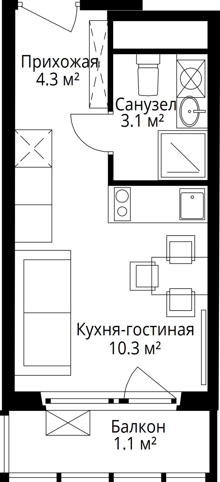 Квартира-студия, 18,8 м²