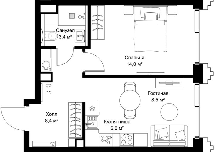 1-комнатная квартира, 40,3 м² — фото 1