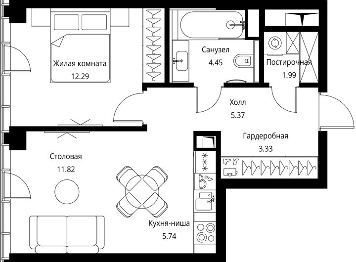 1-комнатная квартира, 45 м² — фото 1