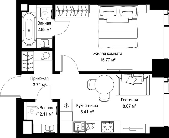 1-комнатная квартира, 38 м²