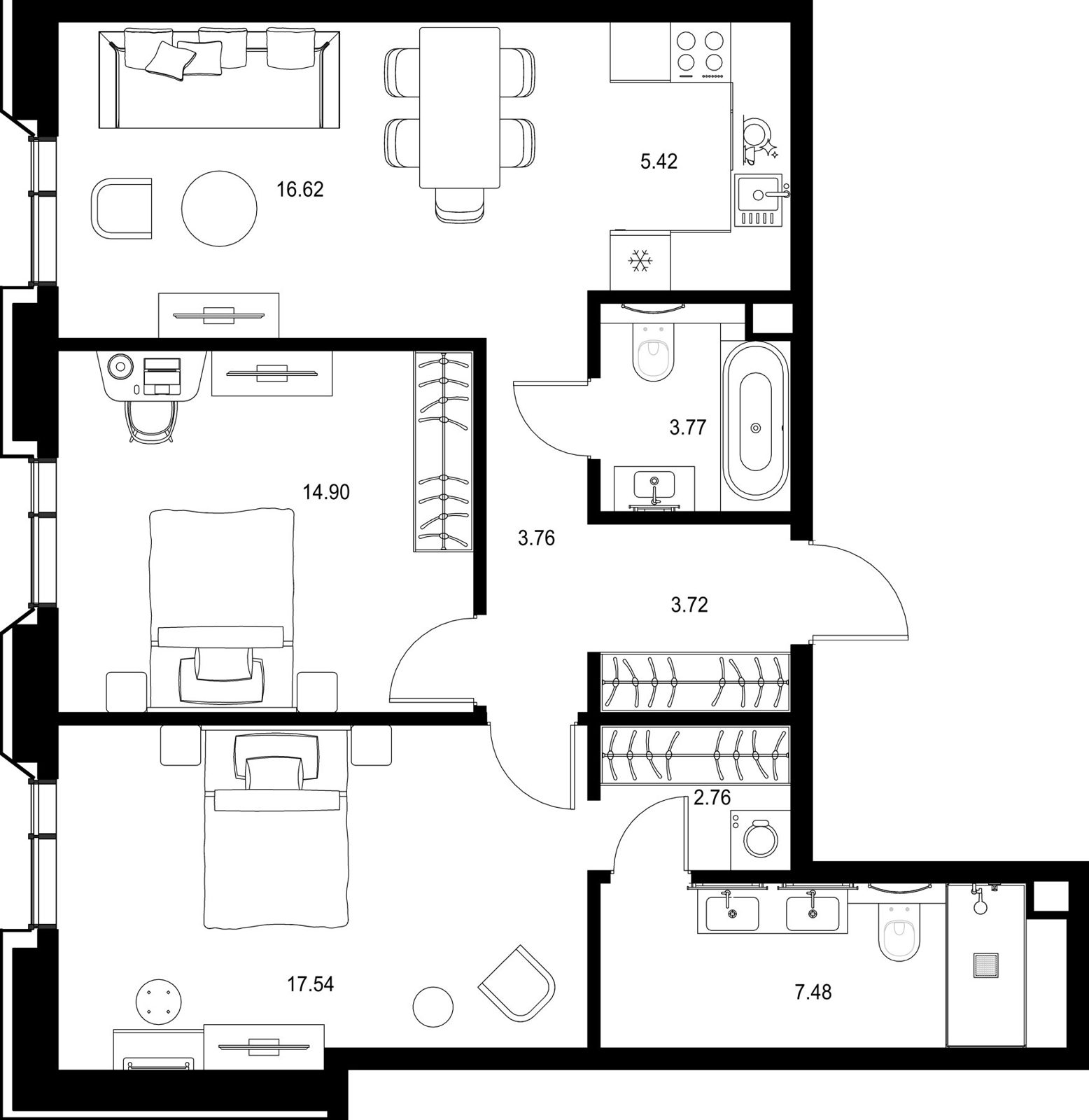 2-комнатная квартира, 76 м²
