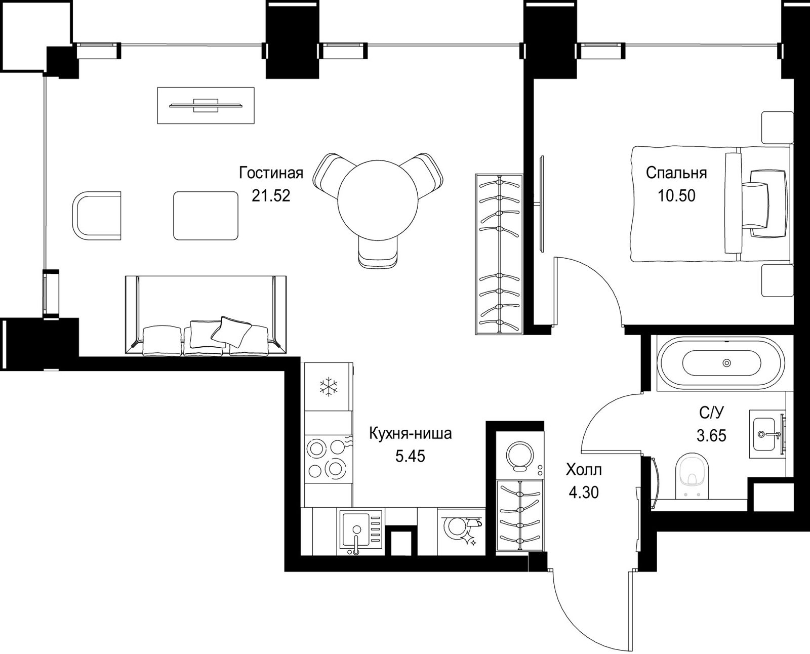1-комнатная квартира, 45,4 м²