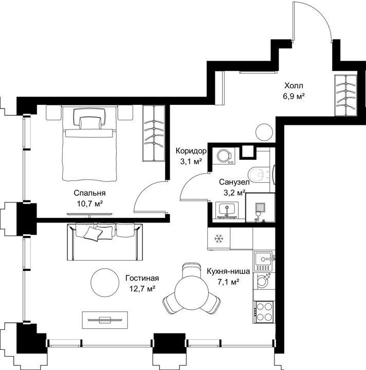 1-комнатная квартира, 43,7 м²