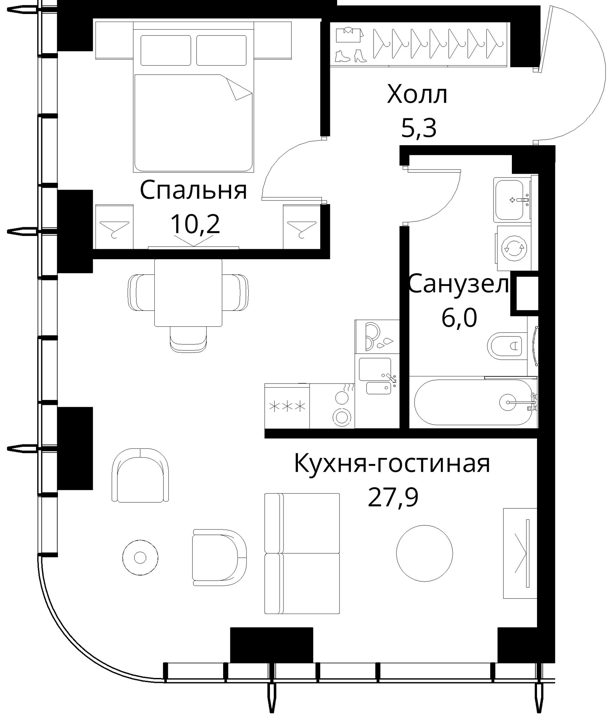1-комнатная квартира, 49,4 м² — фото 1