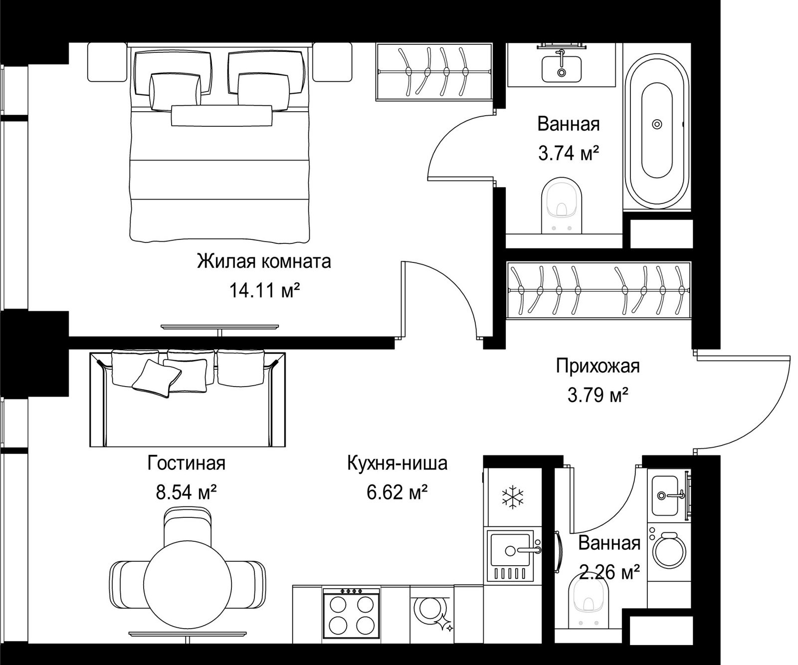 1-комнатная квартира, 39,1 м²