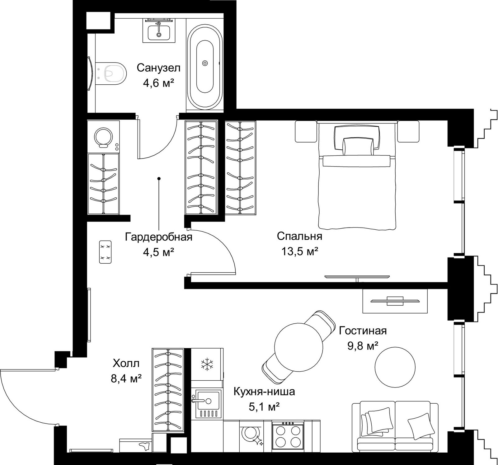 1-комнатная квартира, 45,9 м²