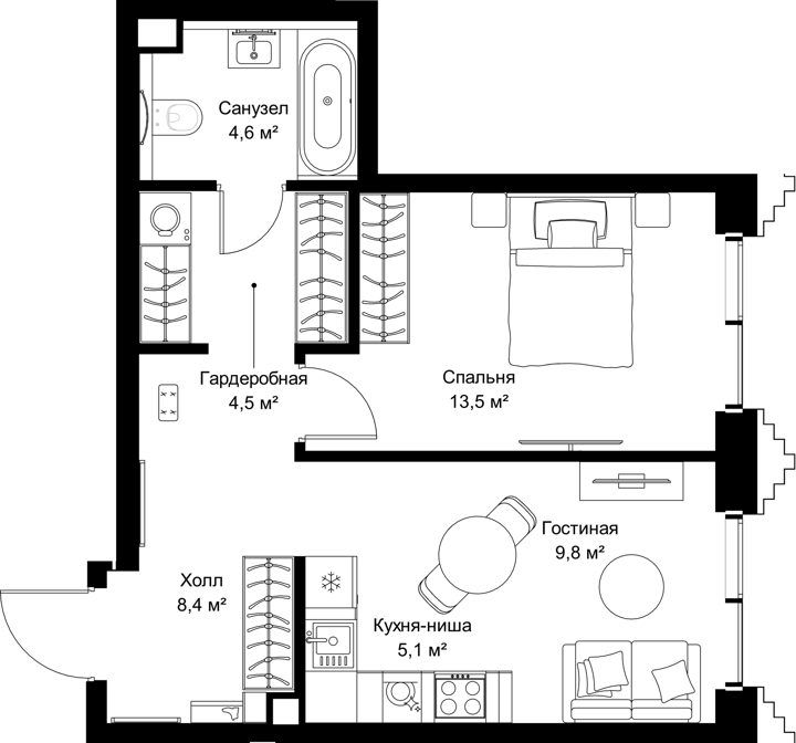 1-комнатная квартира, 45,9 м²