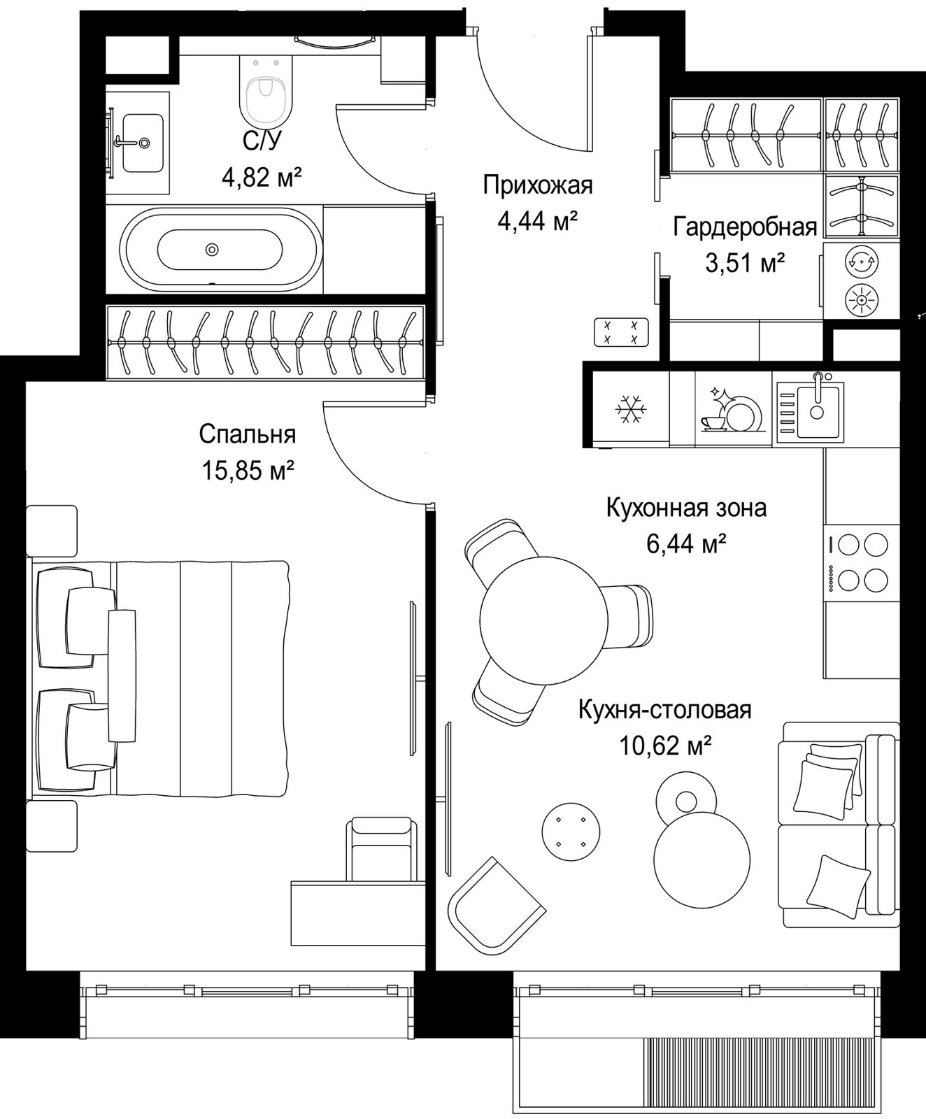 1-комнатная квартира, 45,7 м²