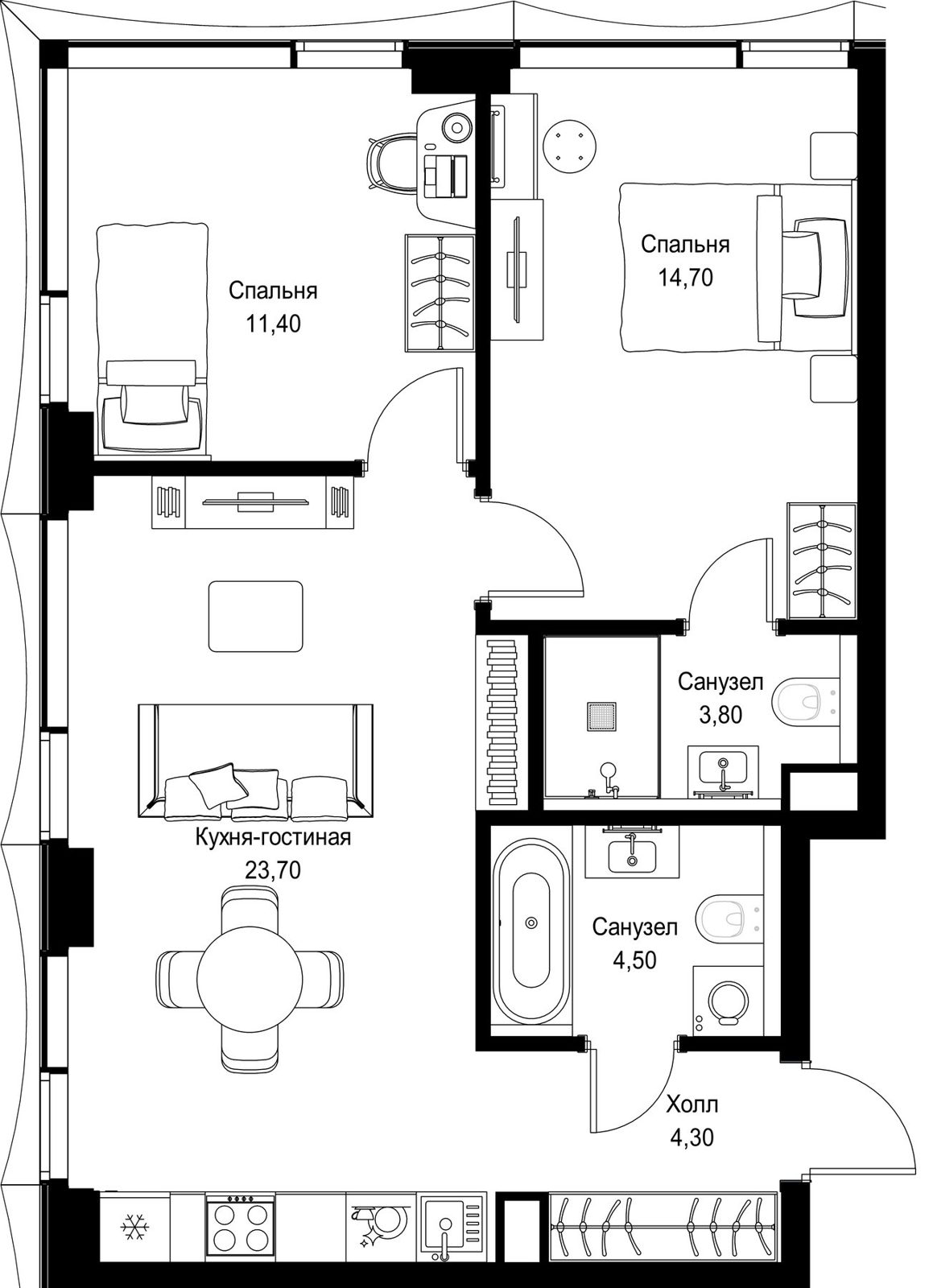 2-комнатная квартира, 62,4 м²