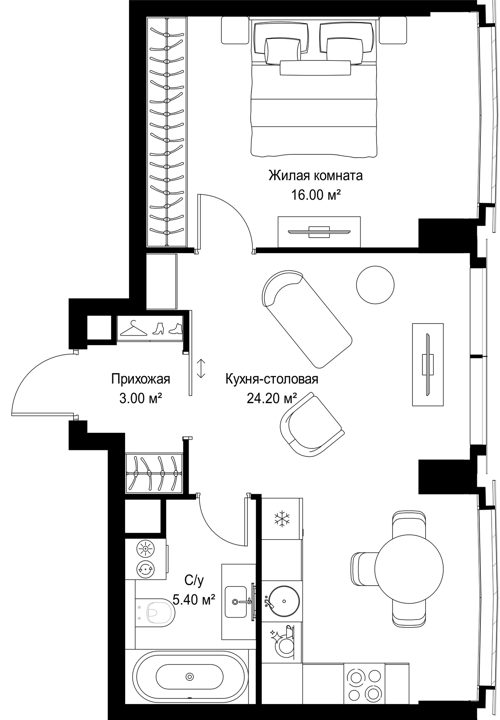 1-комнатная квартира, 48,6 м²
