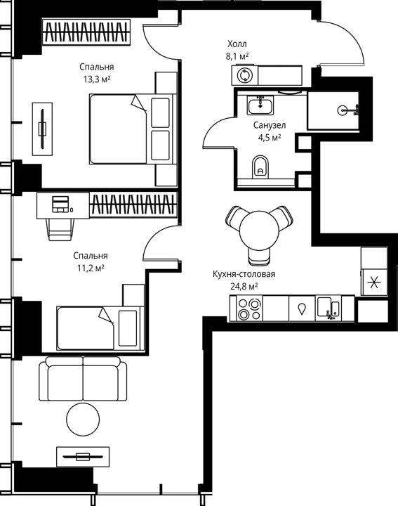 2-комнатная квартира, 61,9 м²