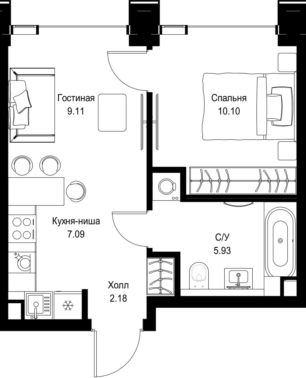 1-комнатная квартира, 34,4 м²