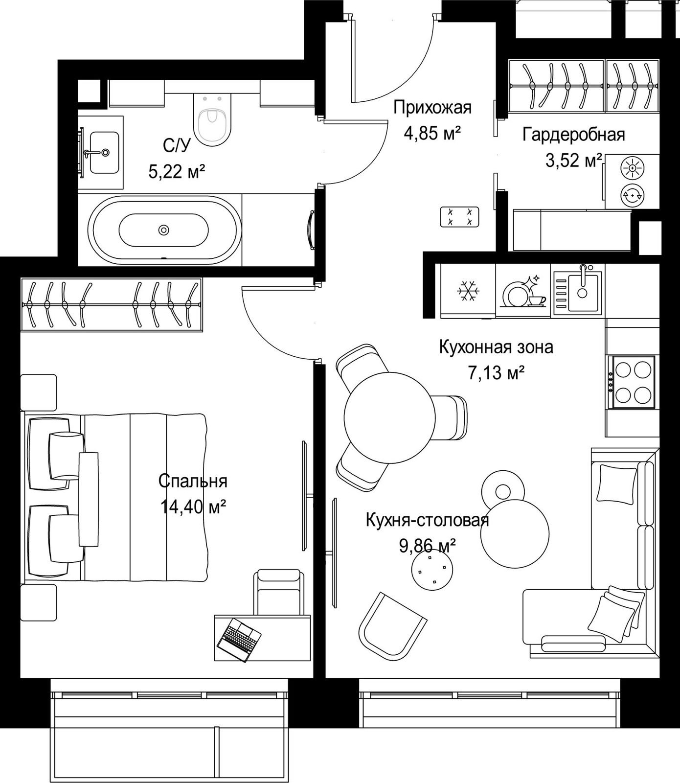 1-комнатная квартира, 45 м²