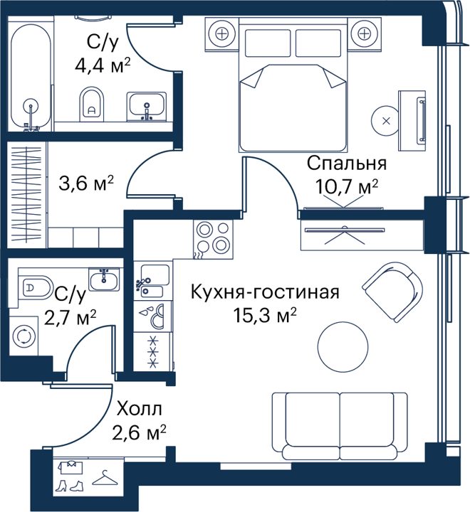 1-комнатная квартира, 39,2 м² — фото 1