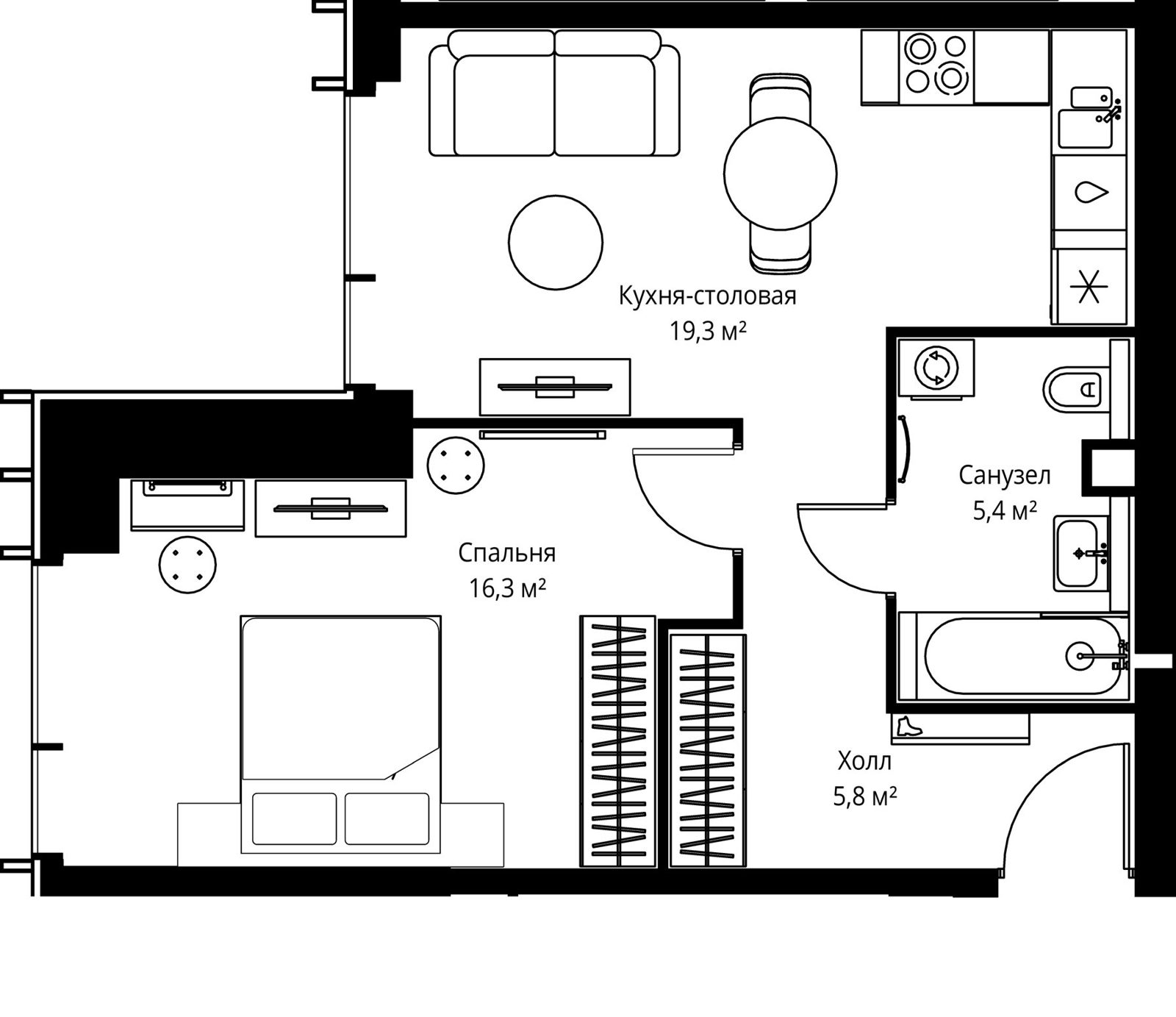 1-комнатная квартира, 46,8 м²