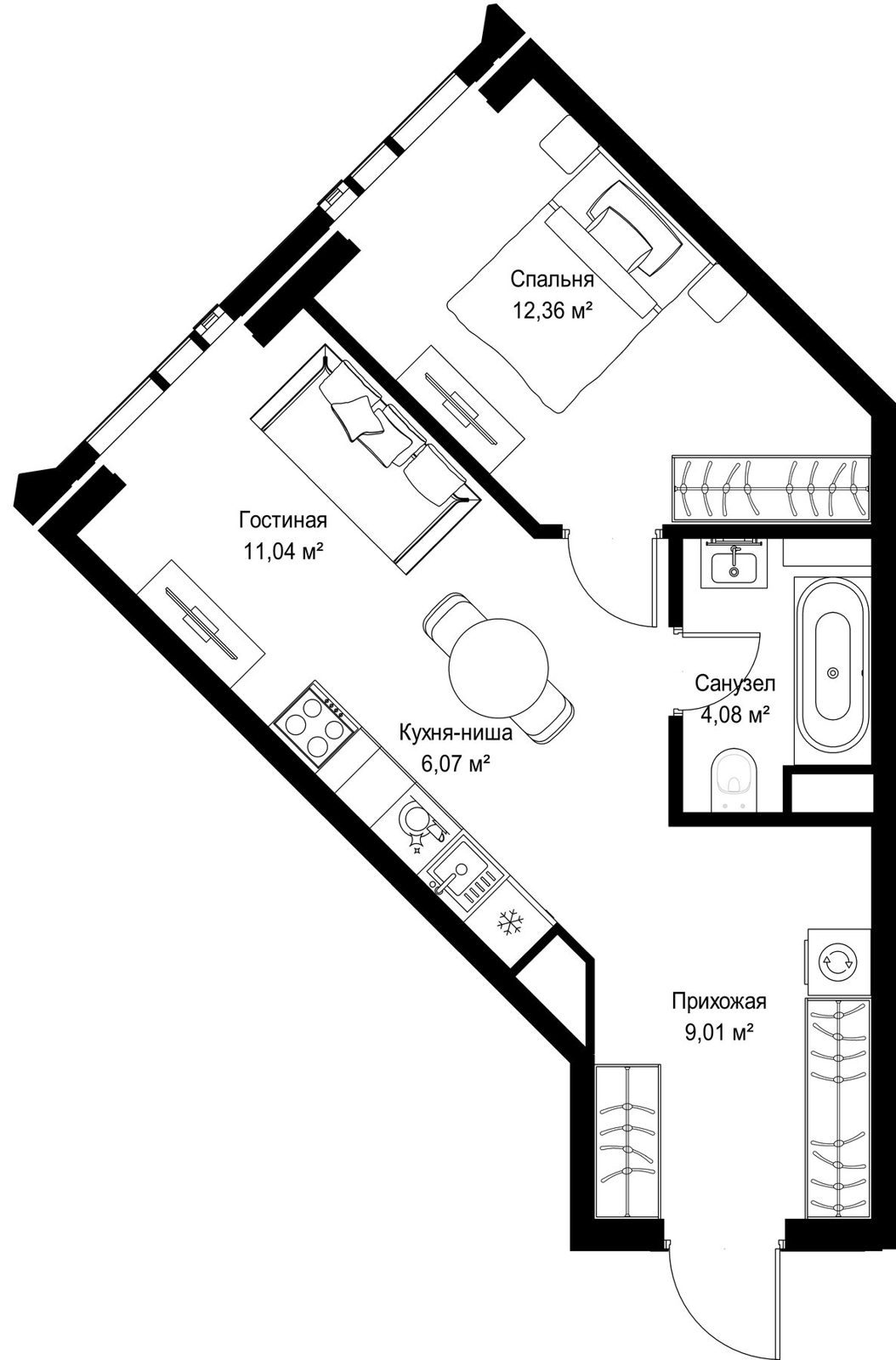 1-комнатная квартира, 42,6 м²
