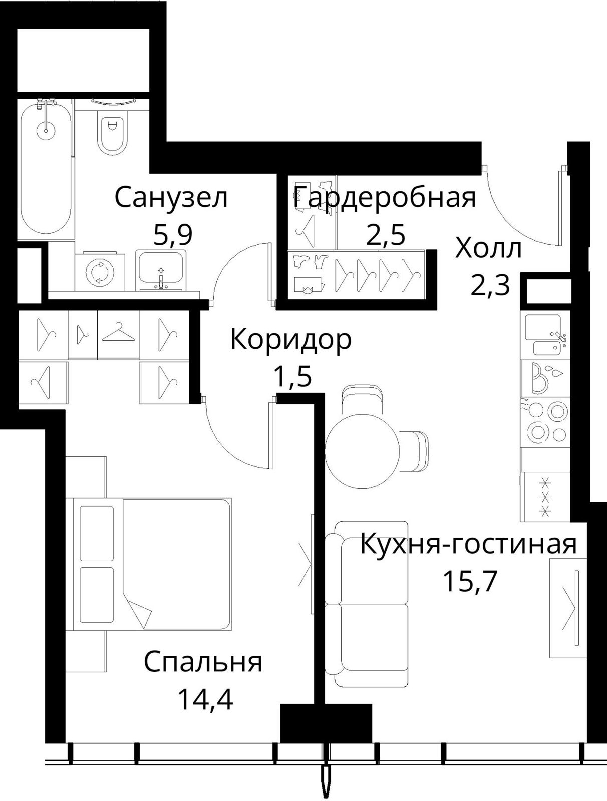 1-комнатная квартира, 42,3 м²
