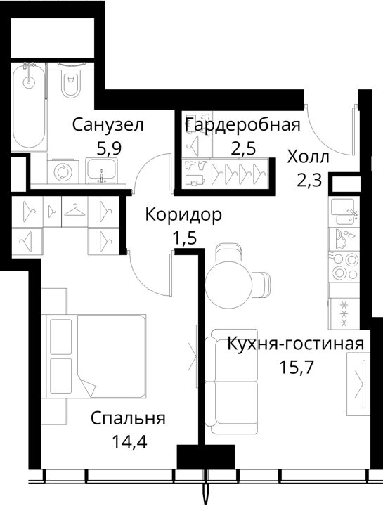 1-комнатная квартира, 42,3 м² — фото 1
