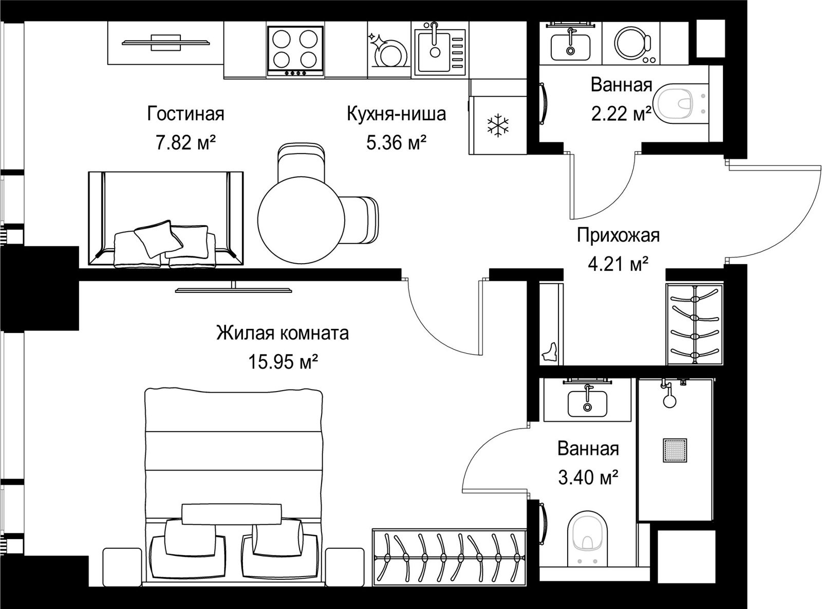 1-комнатная квартира, 39 м²