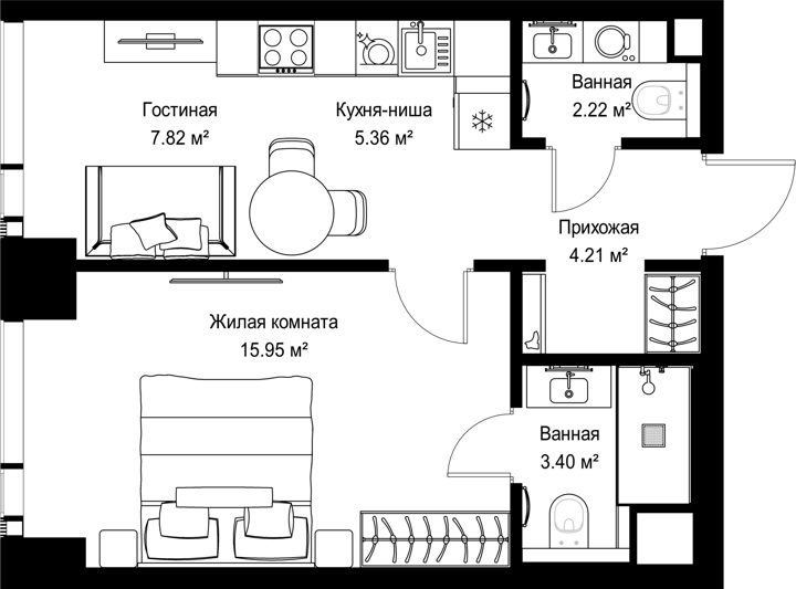 1-комнатная квартира, 39 м²