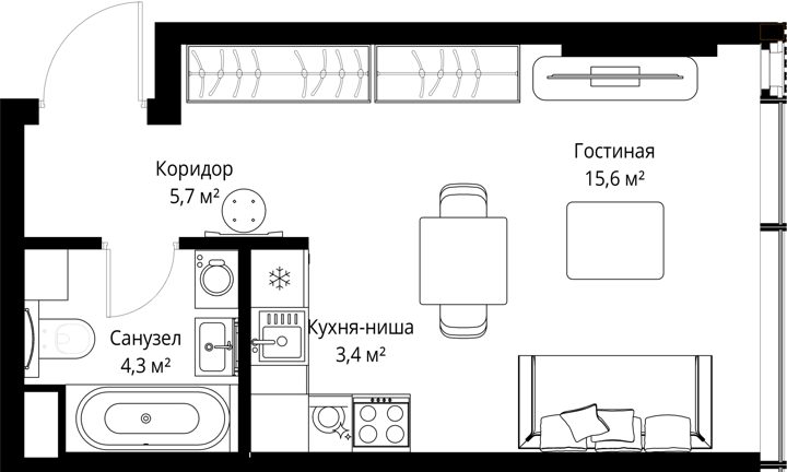 Квартира-студия, 29 м²